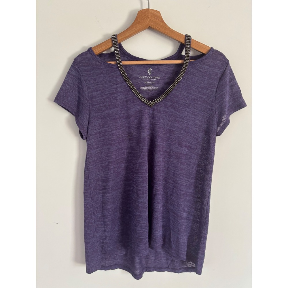 Juicy Couture Purple Cold Shoulder Beaded V-Neck Slub Knit Top Womens Medium